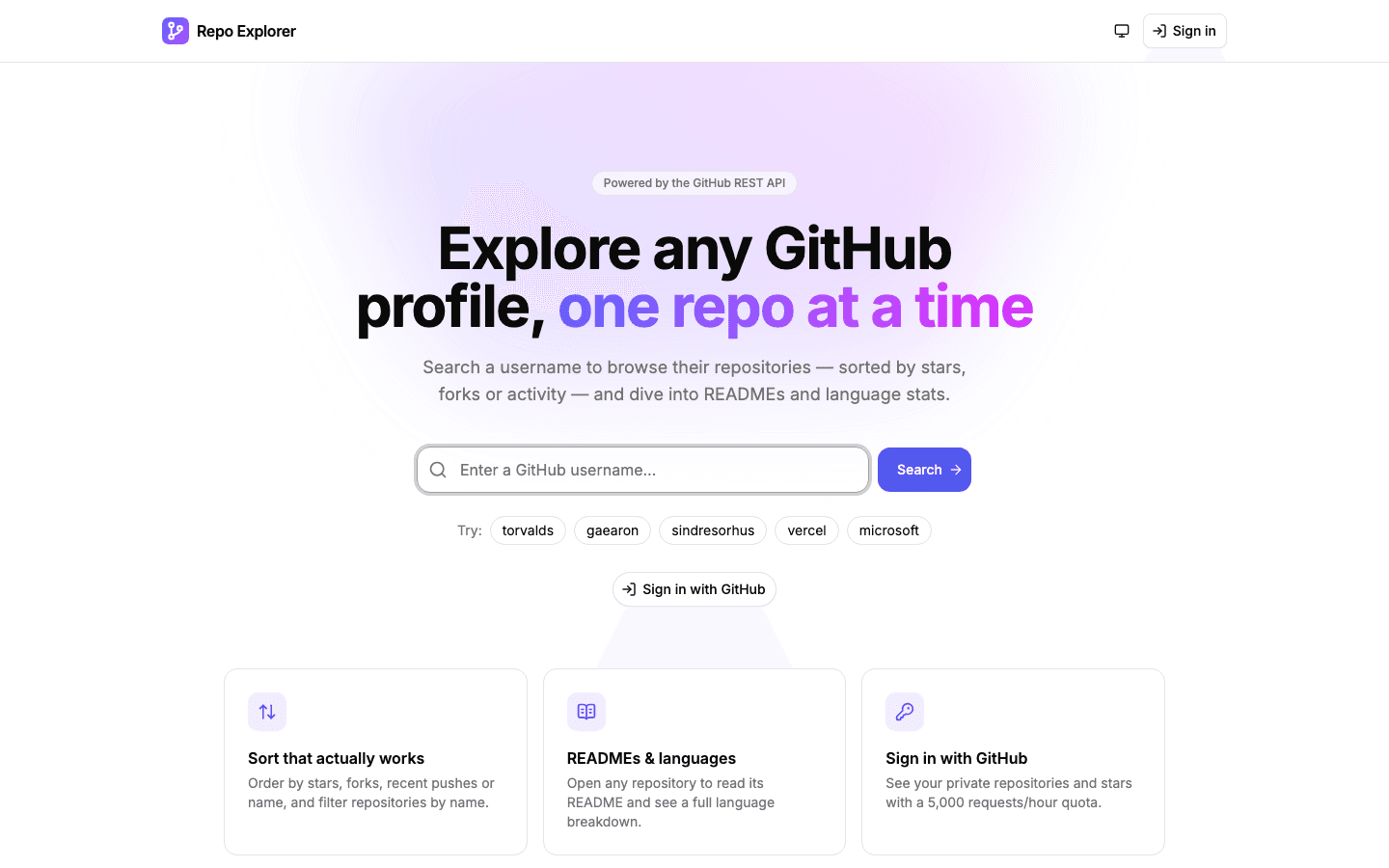 Repo Explorer landing screen with a GitHub username search, suggested profiles, and feature cards for sorting, READMEs, and GitHub sign-in.