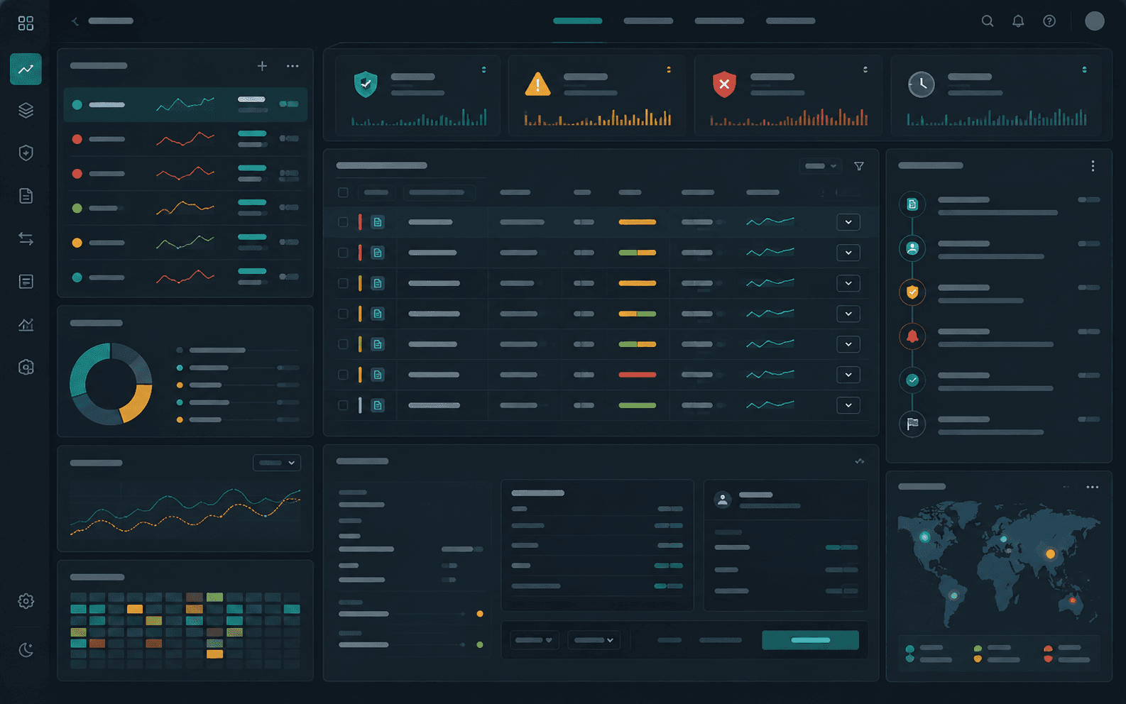 Illustrative financial workflow dashboard with review queues, risk status, and data tables.